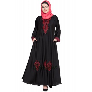 Embroidered Umbrella cut Nida abaya- Black-Red
